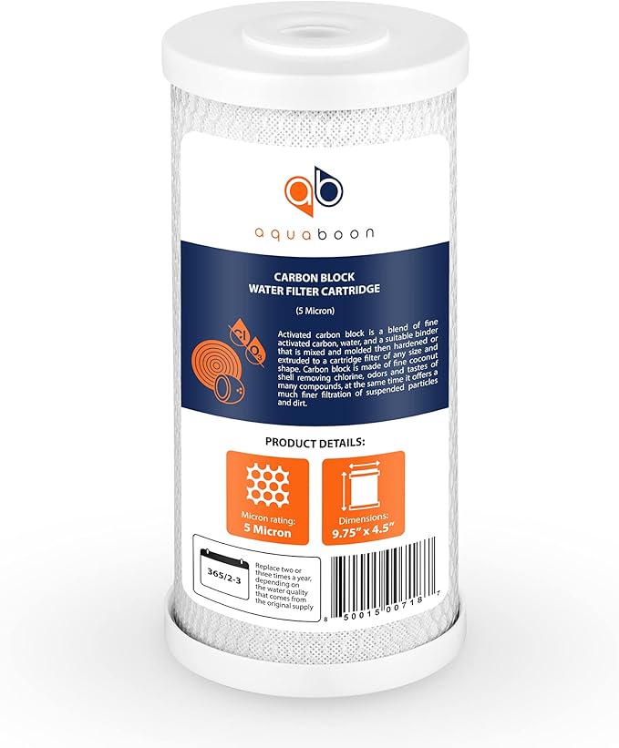 Aquaboon 5 Micron 10x4.5 Carbon Block Water Filters Whole House CTO Water Filter Replacement Cartridge Compatible with FXHTC, CB-BB-10, EP-BB, 12-Pack
