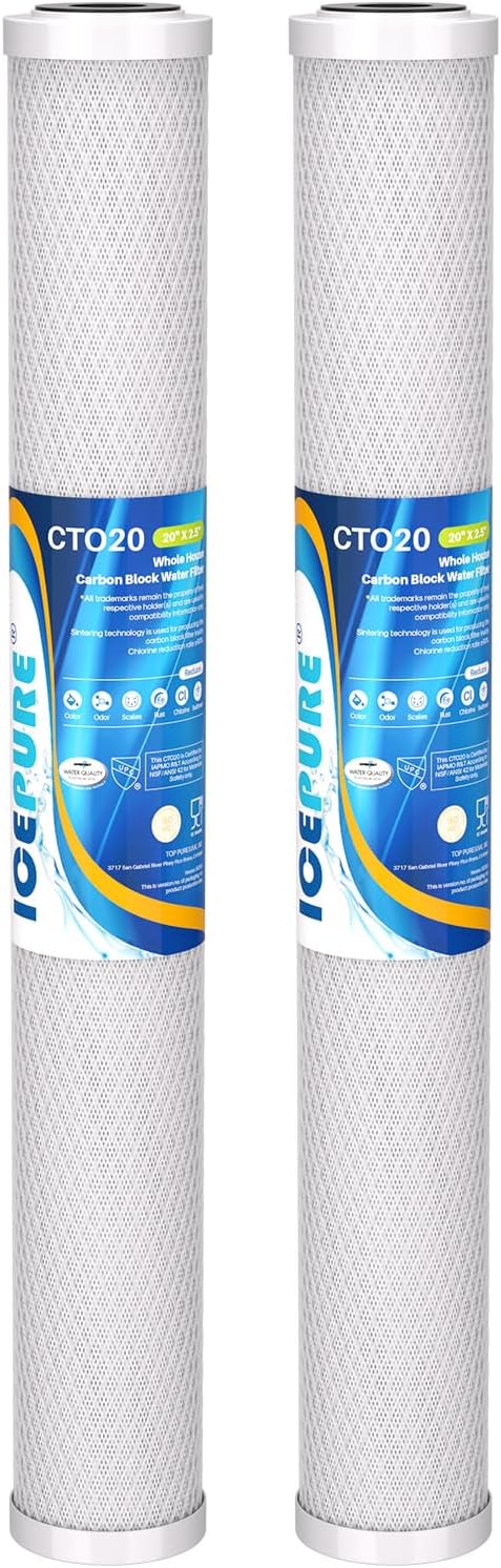 ICEPURE 1 Micron 20" x 2.5" Whole House CTO Carbon Sediment Water Filter Cartridge Compatible with C1-20, EP-20, HX-CB-25-2010, F3WCB32, Pack of 2