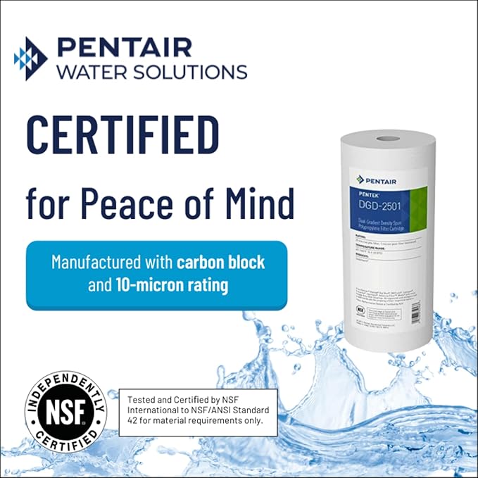 Pentair Pentek DGD-2501 Big Blue Water Filter, 10-Inch Whole House Sediment Filter Cartridge Replacement, Dual-Gradient Density Spun Polypropylene, 10" x 4.5", 1 Micron, Pack of 1