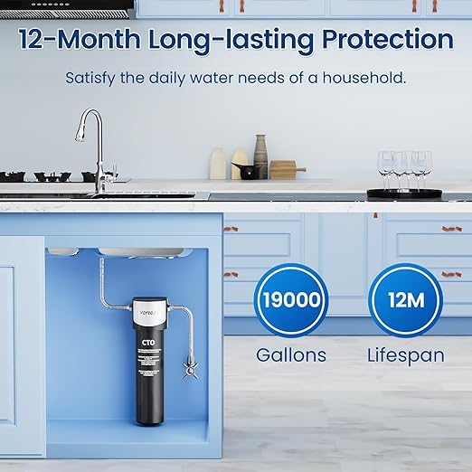 Under Sink Water Filter System,NSF/ANSI 42 Certified Water Purifier,28000 Galloons Large Flow Flux,Reduces PFOA/PFOS,Chlorine,Bad Odors,Direct Connect to Kitchen Faucet (Black-Q5-C2-28000GAL)