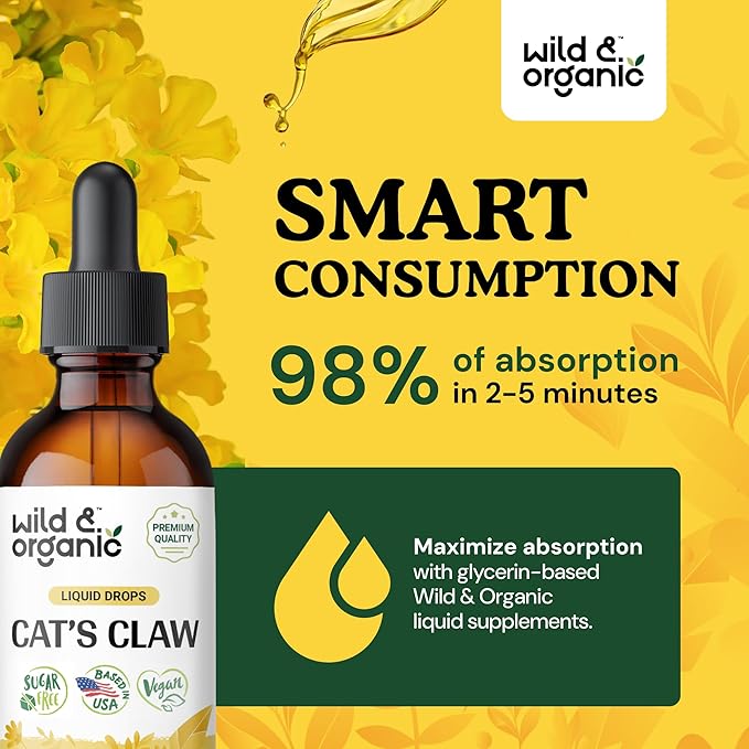 Wild & Organic Cats Claw Tincture - Immune Support Supplement - Liquid Cats Claw Supplement - Vegan, Sugar & Alcohol-Free Bark Extract Drops - 2 fl oz