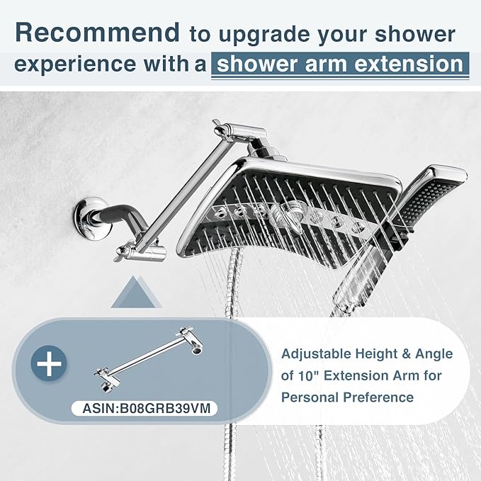 BRIGHT SHOWERS High Pressure Dual Shower Head Combo, Handheld Showerhead Rainfall Shower Head Combo with Black Face, 60 Inch Long Stainless Steel Shower Hose, Chrome