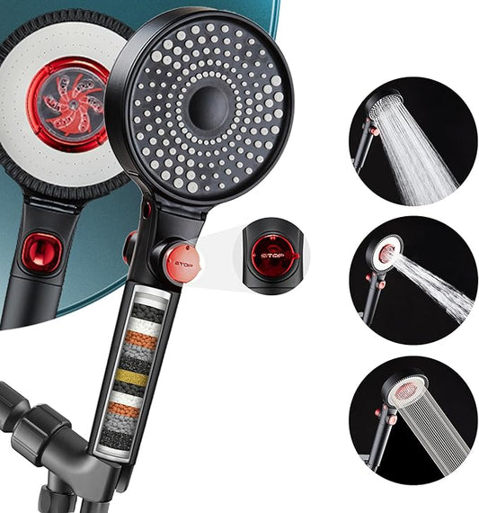 Filtered Shower Head with Handheld Spray for Skin and Hair Care, High Pressure 3 Modes Turbo Showerhead for Hard Water, 59" On Leaks Shower Hose, ON/OFF Button, Adjustable Flow, Matte Black