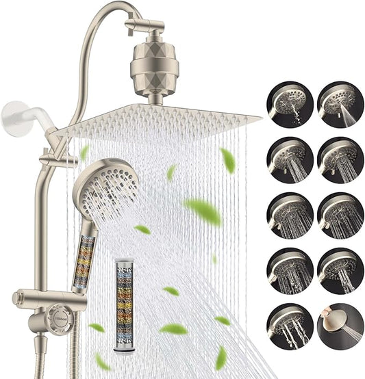 Hibbent Dual Filter All Metal 10"Rainfall Showerhead Combo, High Pressure Filter Shower Head with 10-Spray Mode Handheld, 4-way Diverter with Pause Mode, 71'' Shower Hose and Holder, Brushed Nickel