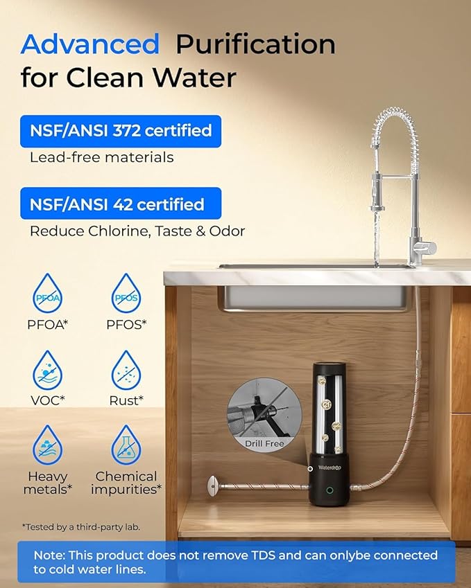 Waterdrop 10UA PRO Under Sink Water Filter, No Drill Required, Time Reminder, Easy Installation, Reduces Lead, Chlorine, Bad Taste & Odor, NSF/ANSI 42 Certified, 11000 Gallons, Does not Lower TDS