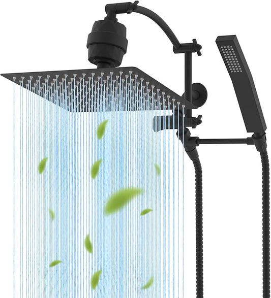 Hibbent All Metal 12'' Filtered Rainfall Shower Head with Handheld Combo, High Pressure Shower Wand, 16'' Adjustable Extension Arm, 20 Stage Shower Filter, 71'' Hose, Shower Holder, Matte Black