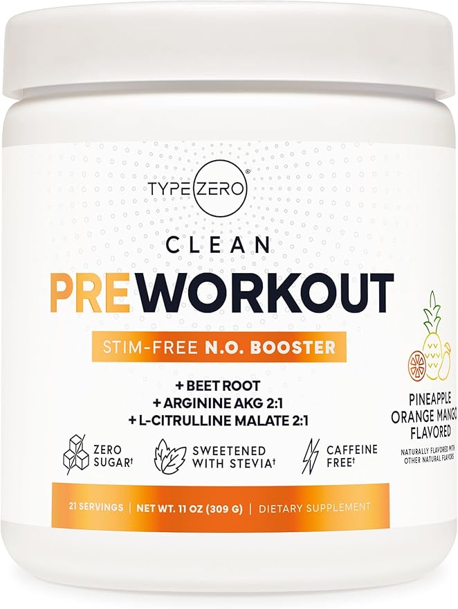 Type Zero Ultra Clean Stim Free Pump Pre Workout (Pineapple Orange Mango) Beetroot, Arginine, Citrulline Malate, Betaine, Beta A, ACV+ Sugar/Caffeine Free Non Stim Preworkout Men & Women