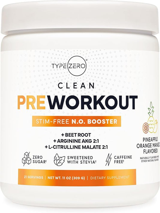 Type Zero Ultra Clean Stim Free Pump Pre Workout (Pineapple Orange Mango) Beetroot, Arginine, Citrulline Malate, Betaine, Beta A, ACV+ Sugar/Caffeine Free Non Stim Preworkout Men & Women