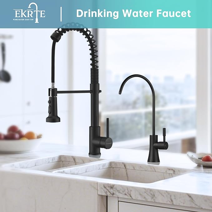 EKRTE Matte Black Drinking Water Faucet for Kitchen Sink, Brass Kitchen Water Filter Faucet,Commercial Water Filtration Faucet for Under Sink Water Filter System, Solid Brass RO Faucet in Matte Black