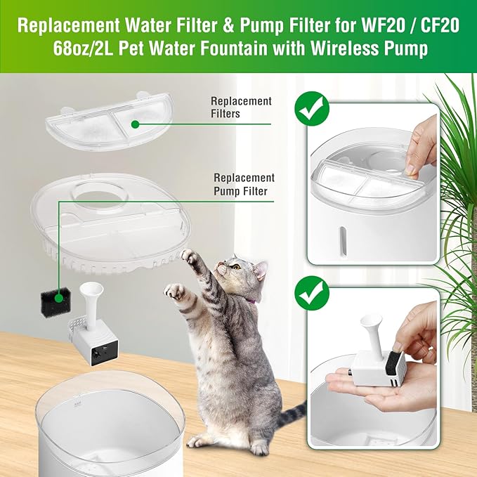 3 Pack Replacement Filters for WF20/CF20 Wireless Pump Cat Water Fountain, ZEKIRY Cat Water Fountain Filters, Triple Action Pet Fountain Filter Replacement
