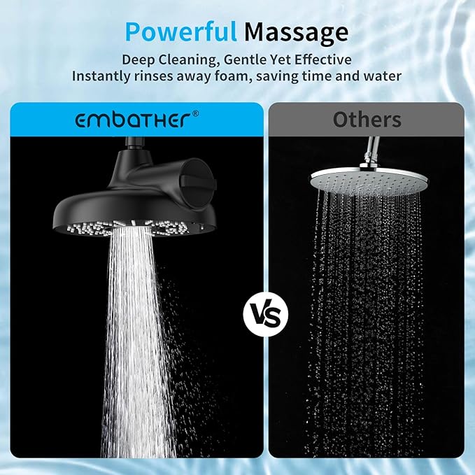 Filtered Shower Head with Extension Arm - EMBATHER 8 Inch High Output Showrhead with 3 Spray Settings, 18 Stage Filter for Hard Water, 11" Adjustable Arm, Brass Swivel Ball Jiont, Matt Black