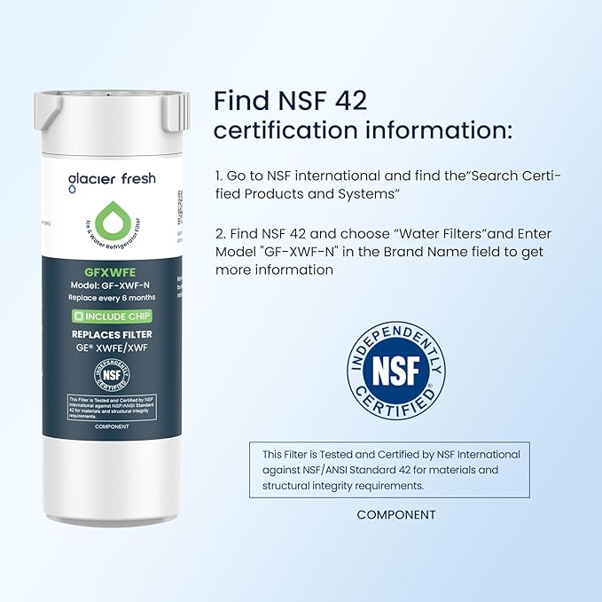 GLACIER FRESH Water Filter Compatible with XWFE (Built-in CHIP), Replacement for GE XWFE, XWF Refrigerator Water Filter NSF/ANSI 42 Certification Pack of 3