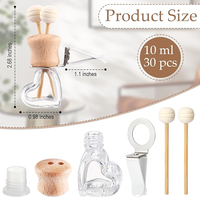 Zubebe 30 Pack Car Air Freshener Diffuser with Vent Clip Empty Car Diffuser Bottles for Essential Oil Perfume Glass Bottle with Wooden Caps Stick(Heart)