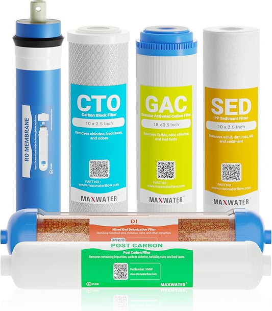 Max Water Replacement Filter Set for Standard 6 Stage Reverse Osmosis Water Filter System Filters - 10 inch Standard Size Water Filters Sediment, GAC, CTO, Mixed Bed DI, RO Membrane 100 GPD