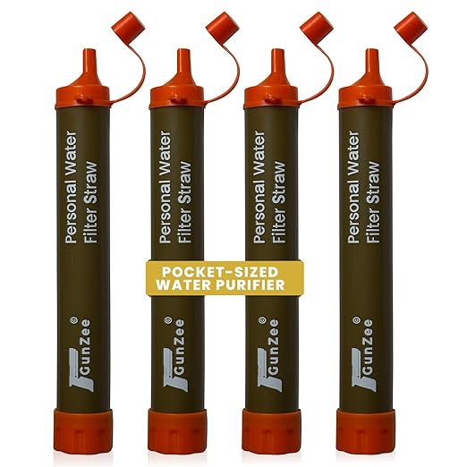 GunZee Personal Water Filter Straw, Reusable Straws for Drinking Clean, Filtered Water, Portable & Lightweight, Ideal for Camping, Hiking, Fishing, and Backpacking, Survival Gear and Supplies, 4-Pack