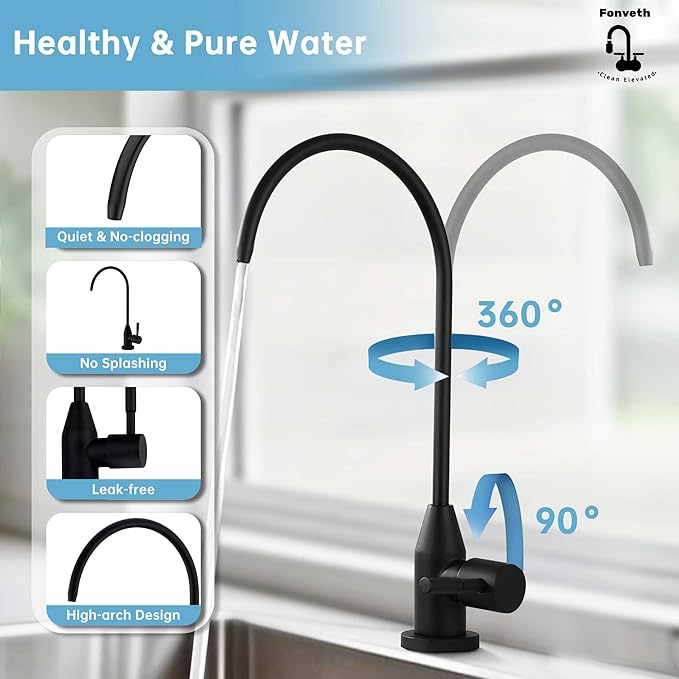 Drinking Water Faucet, Black RO Faucet Modern for Under Sink Water Filter System Non-Air Gap 360-degree Swivel Spout