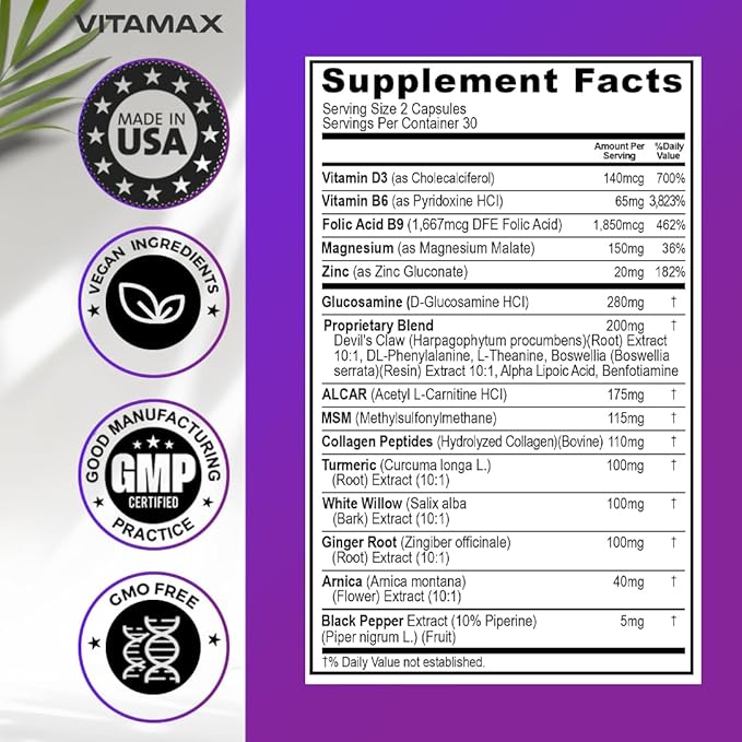 Sciatica Nerve Health Support - Sciatic Nerve Supplement Capsules with Folic Acid, Pea, Glucosamine, MSM, Vitamin B Complex, Alpha Lipoic Acid 300mg - Made in USA (60 Count (Pack of 2))