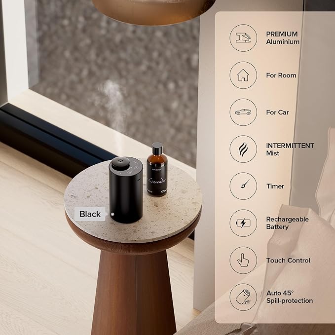 Waterless Essential Oil Diffuser for Home Aromatherapy Scent Diffusers with 1/3/6h Timer Settings or Timer-Off, 3 Mist Levels for Car Room Studio Office, ANX Premium Metal Black 2 Pack