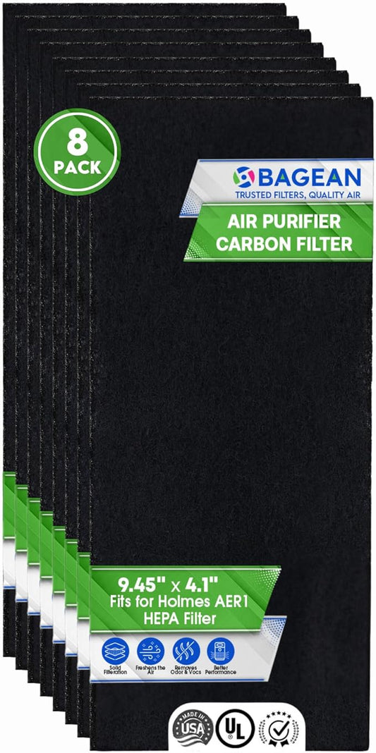 Bagean Activated Carbon Pre Filter 9.5" x 4.1" Compatible with Bionaire & Holmes AER1 Filter Replacement - Fits AER 1 Holmes Air Purifier Filters - Removes Odors and Freshen the Air (8-Pack)