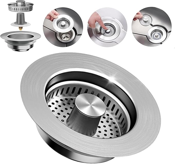 3-in-1 Kitchen Sink Drain Strainer Stopper – 304 Stainless Steel Pop Up Sink Plug with Filter Basket, Anti-Clog Design, Fits 3-1/2” US Standard Kitchen Sink Drains