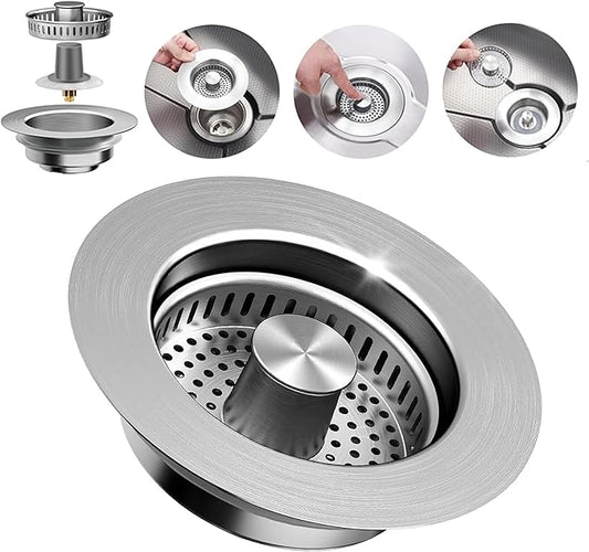 3-in-1 Kitchen Sink Drain Strainer Stopper – 304 Stainless Steel Pop Up Sink Plug with Filter Basket, Anti-Clog Design, Fits 3-1/2” US Standard Kitchen Sink Drains