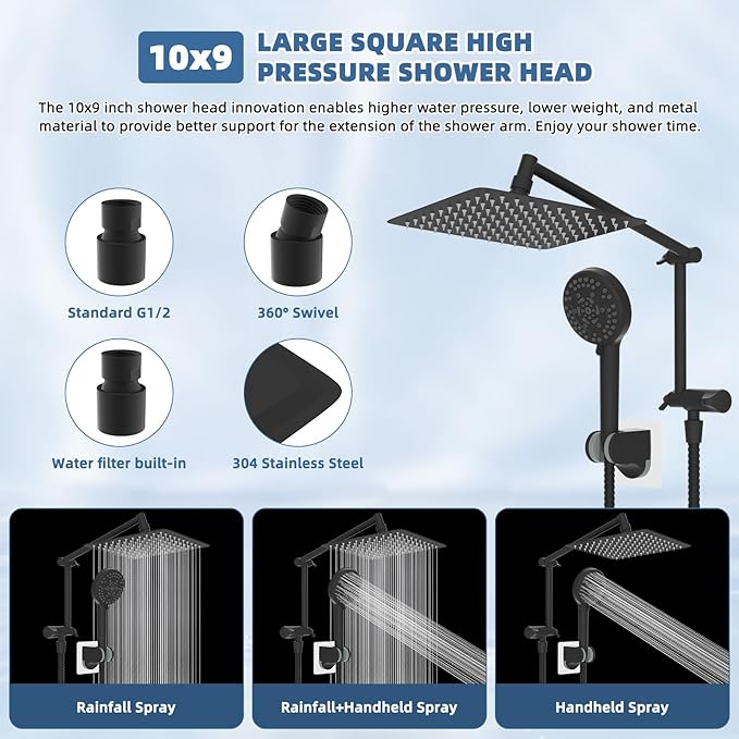 iFealClear Metal Rain Shower Head, 10” High Pressure Rainfall Shower Head with Handheld Spray Combo, 10-Spray Handheld Built-in Power Wash, 16" Shower Extension Arm, 3-Way Diverter, Matte Black