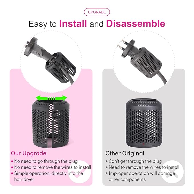 Hair Dryer Inner Filter + Outer Filter Cage Replacement for Dyson Hair Dryer HD01 HD03 HD08 Models, Hair Dryer Filter Mesh Filter Cover Cap Protect Attachments Easy Disassembly (Grey)