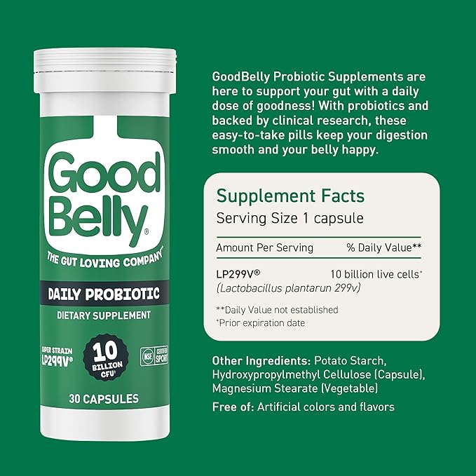 GoodBelly Probiotic Capsules for Digestive Health | Vegan Probiotic Supplement with 10 Billion Live Cultures | Probiotics for Women & Men | 30 Capsules