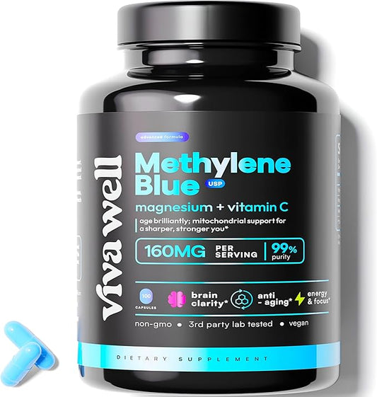 Methylene Blue Pharmaceutical Grade - #1 Upgrade from Drops - USP Grade - Methylene Blue Capsules with Magnesium Glycinate & Vitamin C for Humans - Pills for Focus, Clarity, & Energy