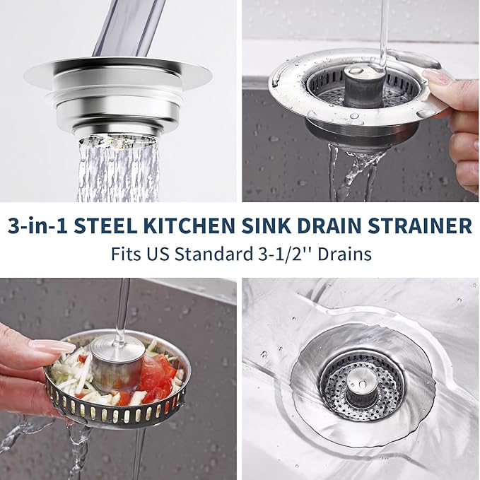 3-in-1 Kitchen Sink Drain Strainer Stopper – 304 Stainless Steel Pop Up Sink Plug with Filter Basket, Anti-Clog Design, Fits 3-1/2” US Standard Kitchen Sink Drains