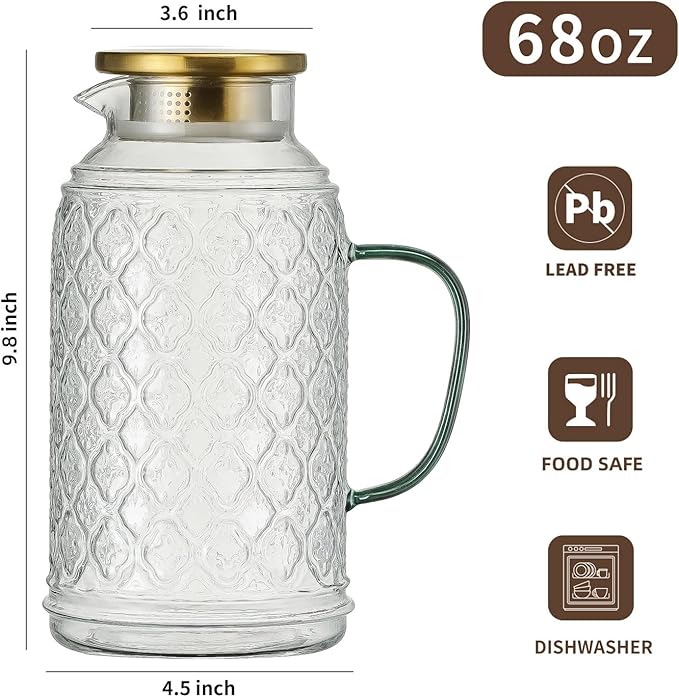 Glass Pitcher with Lid, 2 PACK 68 oz/2 Liter Vintage Water Pitcher, Clear Borosilicate Glass Water Carafe for Cold Brew, Coffee, Lemonade, Iced Sun Tea,Beverage, Milk, Heat Resistant