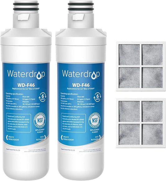Waterdrop LT1000PC ADQ747935 Refrigerator Water Filter and Air Filter, Replacement for LG® LT1000P®, LMXS28626S, LFXS26973S, LFXS26596S, LFXS28596S, ADQ74793501, ADQ74793502 and LT120F®, 2 Combo