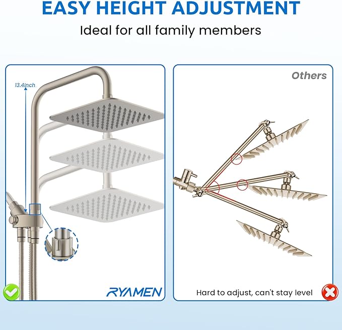 8" Dual Shower Head Combo, High Pressure Rainfall Shower Head with Handheld, 6 Spray Settings Angle Adjustable Handheld Shower Head with Pause, Height Adjustable, Brushed Nickel