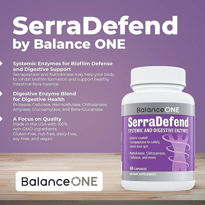 Balance ONE Biofilm Defense with Proteolytic & Digestive Enzymes for Men & Women - Serrapeptase, Nattokinase, Protease, Cellulase - 60 Capsules, 2 Month Supply - SerraDefend