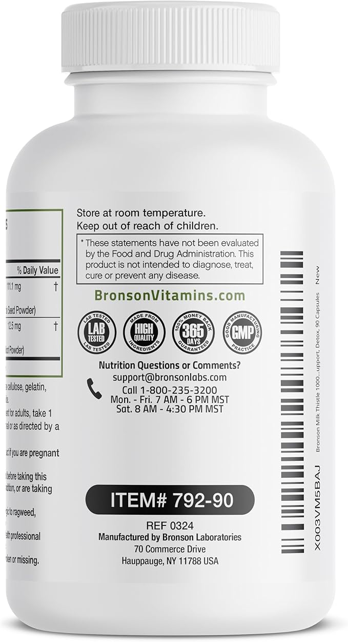 Bronson Milk Thistle Silymarin Marianum & Dandelion Root Liver Health Support, Antioxidant Support, Detox, 90 Capsules