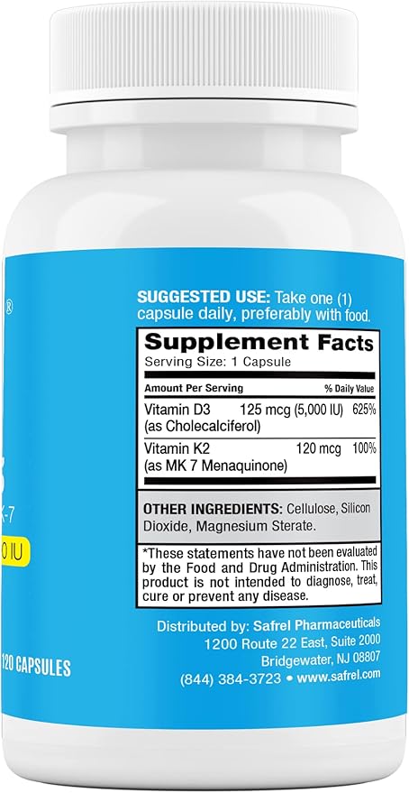 Safrel Vitamin K2 (MK7) 120 MCG and D3 5000 IU Supplement per Capsule, Supports Calcium Absorption for Bone, Immune and Heart Health, Easy to Swallow K2 and D3, Non-GMO, 120 Count