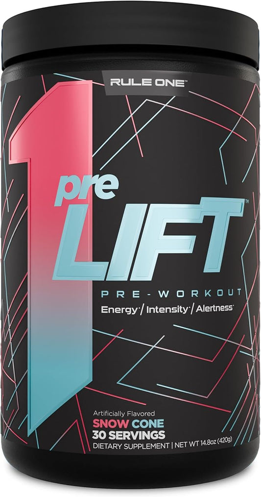 Rule 1 preLIFT Pre-Workout, 6g Citrulline, 3.2g Beta Alanine, 3 Caffeine Sources + 20 Others for Energy, Alertness, & Endurance (30 Servings, Snow Cone)