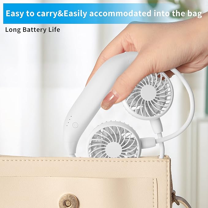 HandFan 5000mAh Neck Fan, 26H Longest Runtime - 6 Speeds Visible Blades Portable Fan, 360° Flex Neck for Gym Office Travel, Safety Grille & Hair Protection (White)