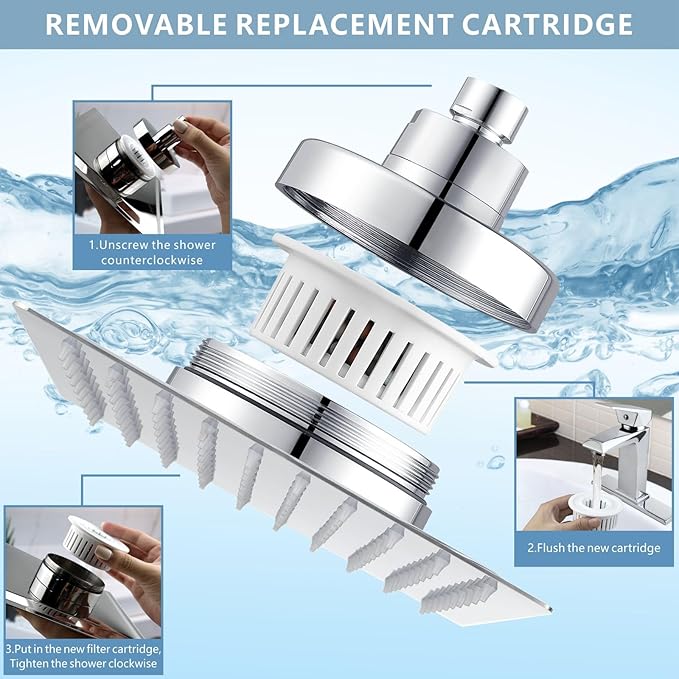 High Pressure Rain Shower Head with Filtered - 8" All Metal Square Showerhead Filter for Remove Chlorine and Harmful Substances, Chrome