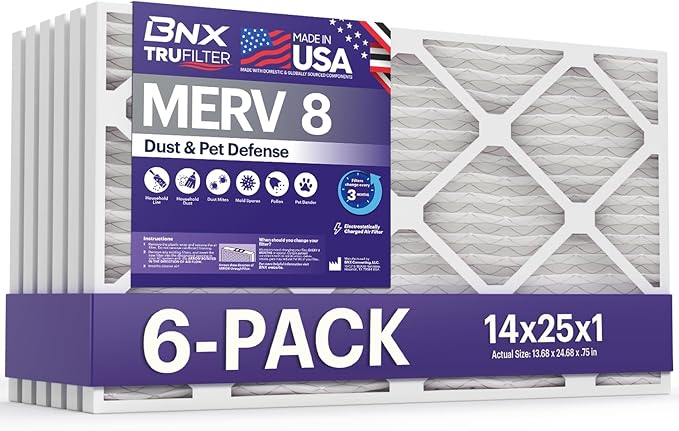 BNX TruFilter 14x25x1 Air Filter MERV 8 (6 Pack) - MADE IN USA – Dust & Pet Defense Electrostatic Pleated Air Conditioner HVAC AC Furnace Filters for Dust, Pet, Mold, Pollen MPR 600 – 700 & FPR 5