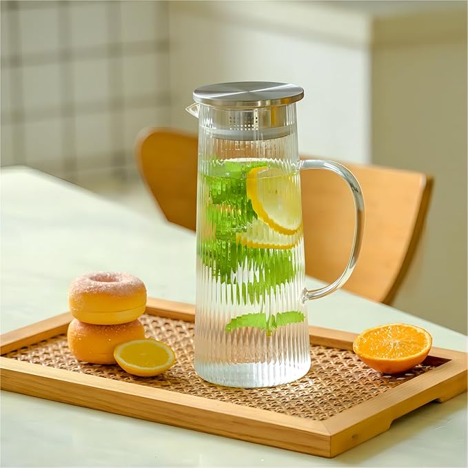 Glass Pitcher with Lid, 40 oz/1.2 Liter Glass Water Pitcher, Ice Tea Brewing, Hand Blown Small Pitchers for Drinks, Coffee, Juice, Lemonade, and Hot/Cold Beverages, Heat Resistant