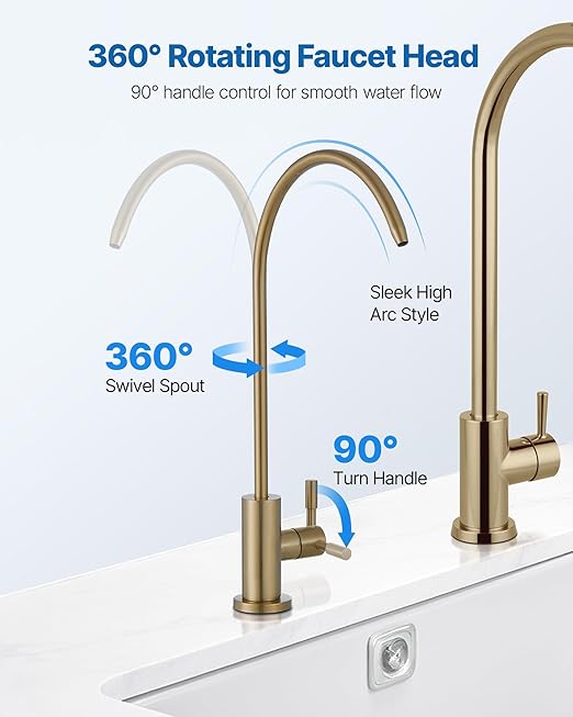 VEVOR Water Filter Faucet, SUS 304 RO Faucet, Lead-Free Solid Brass Valve Drinking Water Faucet, Fit Most Reverse Osmosis and Water Filtration System, Kitchen Filtered Water Tap, Brushed Gold