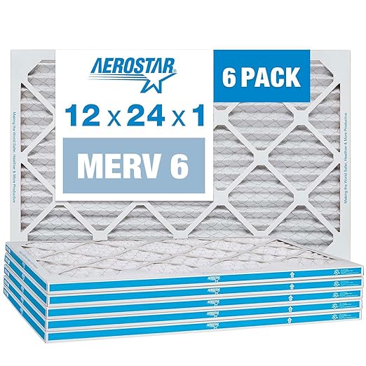 Aerostar 12x24x1 MERV 6 Air Filter, 6 Pack Set of HVAC Furnace Filters, Electrostatic MPR 300 (Actual Size: 11 3/4 x 23 3/4 x 3/4 inches)