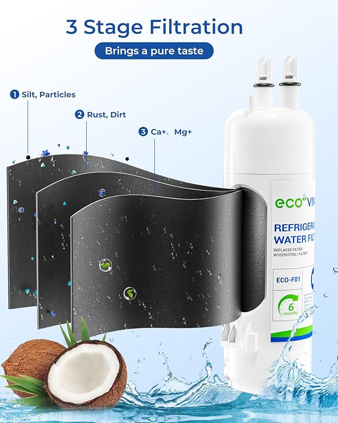Ecoviva W10295370A Water Filter Replacement, Compatible with Everydrop® EDR1RXD1, EDR1RXD1B, W10295370, Filter 1, WHR1RXD1, KAD1RXD1, P4RFKB2, P8RFWB2L,Kenmore® 46-9930, 46-9081, Pack of 3
