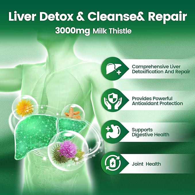 Milk Thistle Liver Detox Capsules, 3000mg Liver Cleanse Detox & Repair, 20-in-1 Advanced Support Complex with Milk Thistle, NAD, NAC, ALA, Dandelion,Glutathione, Artichoke, Turmeric, More 240 Softgels