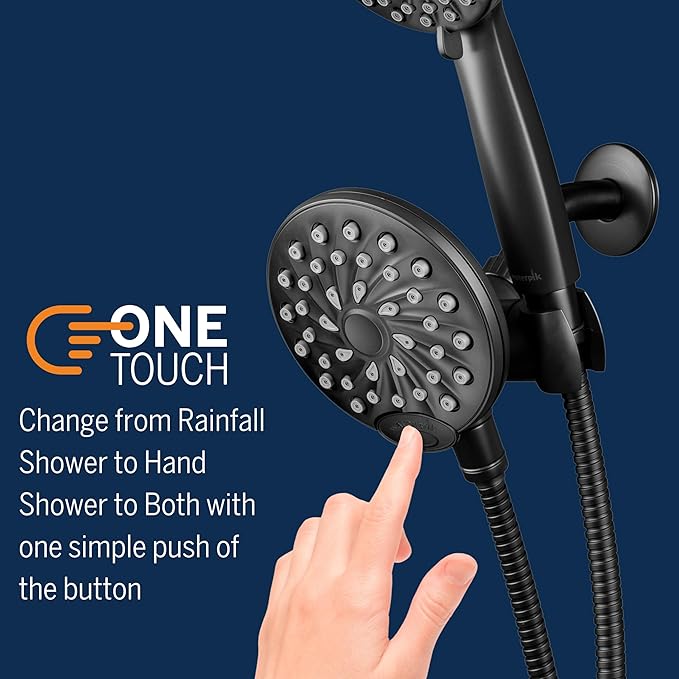 Waterpik One-Touch Dual 2-in-1 Shower System With Rain Shower Head and 7-Mode Hand Held Shower Head, Matte Black XPB-135E-765ME