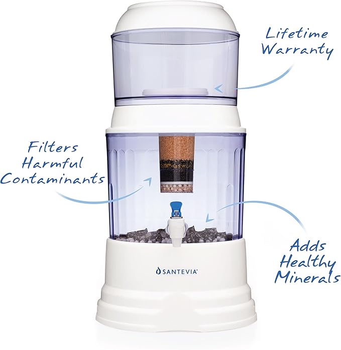 Santevia Gravity Water System Filter | at Home Water Filter That Makes Water Alkaline and Adds Minerals | Chlorine and Fluoride Filter (Countertop Model)