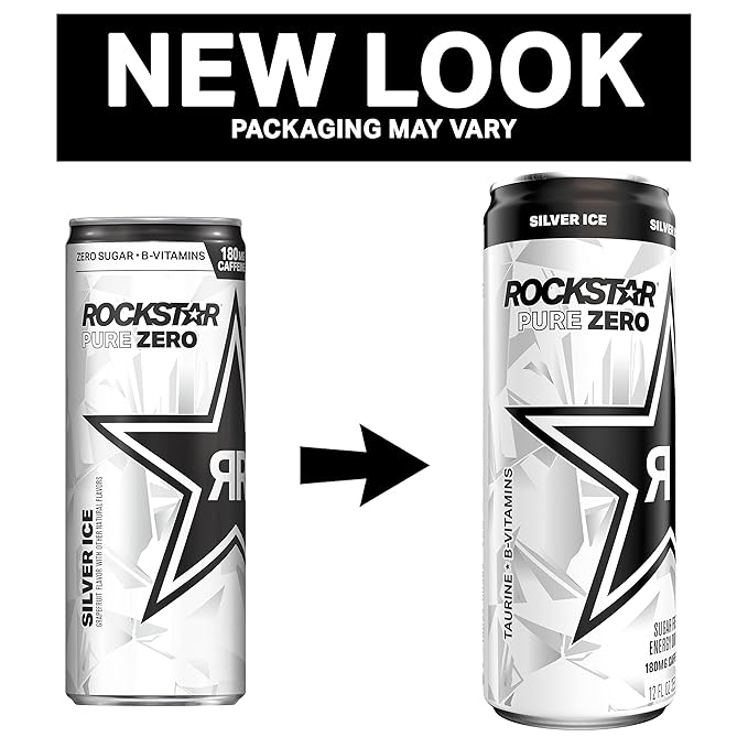 Rockstar Energy Drink, Pure Zero Silver Ice, 12oz Sleek Cans (Pack of 8)