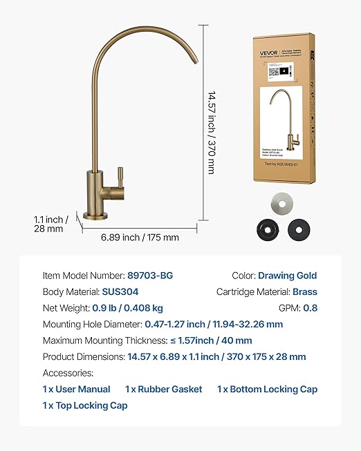 VEVOR Water Filter Faucet, SUS 304 RO Faucet, Lead-Free Solid Brass Valve Drinking Water Faucet, Fit Most Reverse Osmosis and Water Filtration System, Kitchen Filtered Water Tap, Brushed Gold