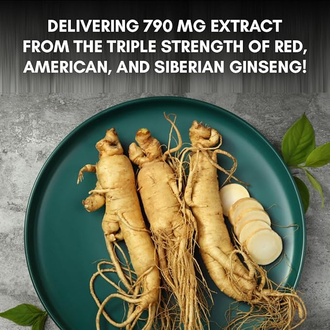 Pure Nutrition Triple Ginseng 650mg | 120 Caps | Complex for Men and Women | Highly Effective Combination of Red, American and Siberian Ginseng. Non GMO